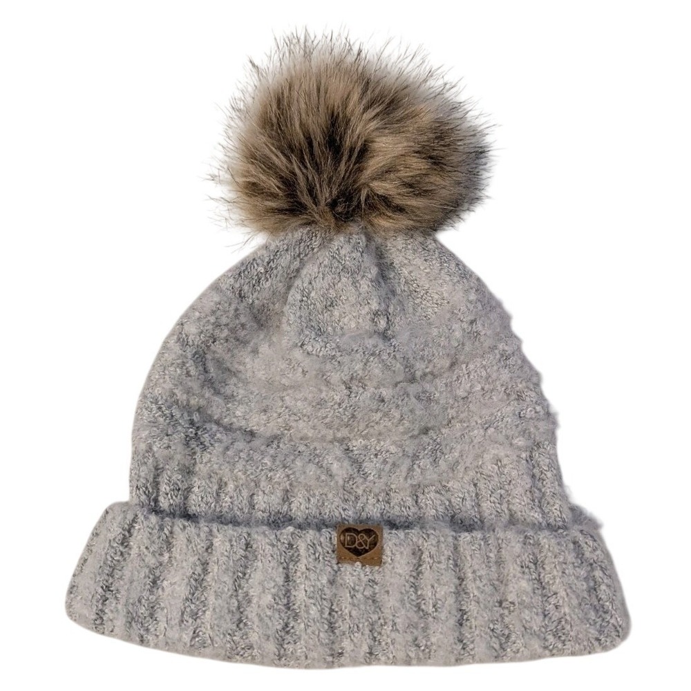 David & Young D&Y Women's Beanie Warm Stretchy Knit Hat Faux Fur Pom Gray Brown‎